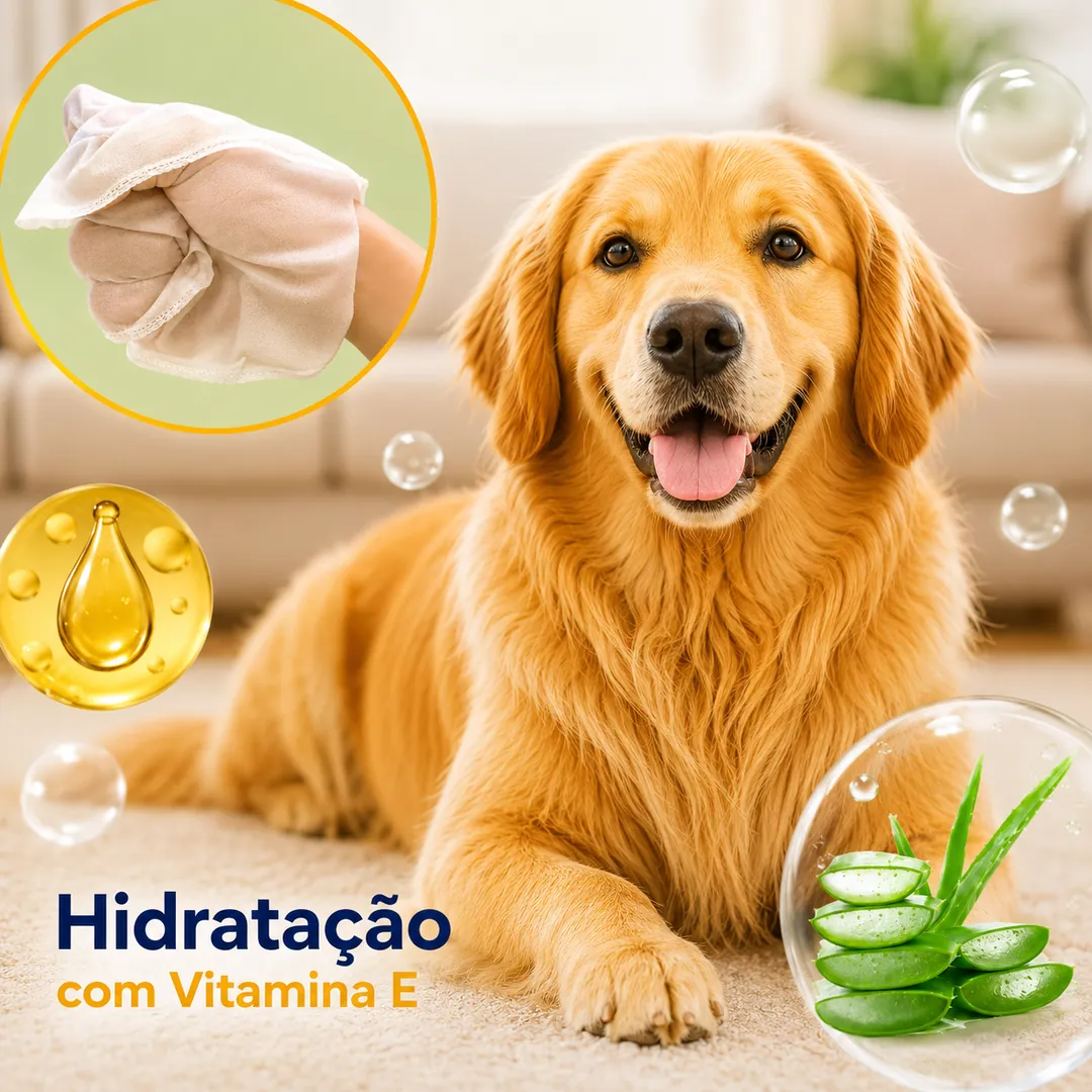 Cão golden retriever limpo ao lado de aloe vera e óleo de vitamina E