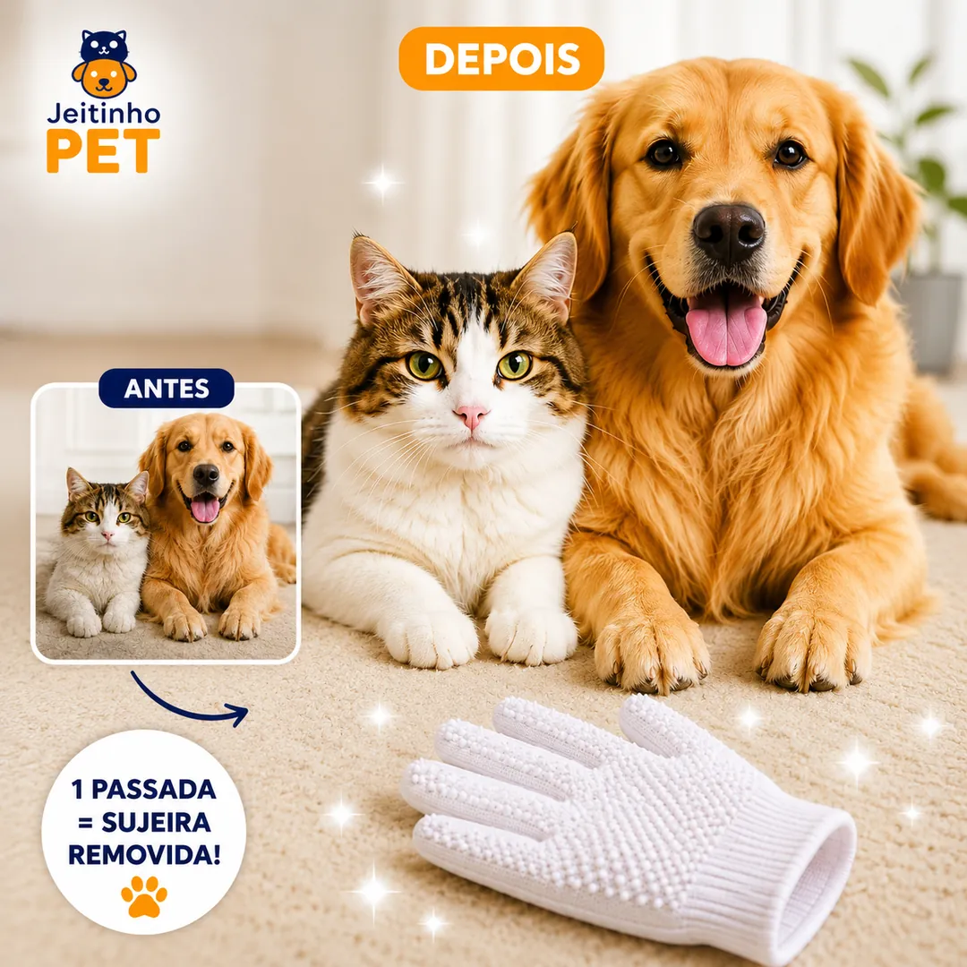 Comparação antes e depois: cão e gato limpos após usar a luva BanhoSeco