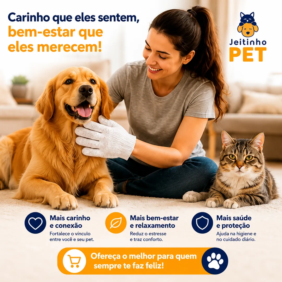 Tutora fazendo carinho e limpando o cão e o gato com a luva BanhoSeco